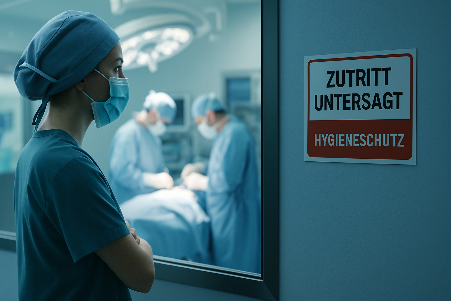 Ärztin vor OP-Bereich mit Zutrittsschild Hygieneschutz. Symbol für Infektionsklausel in der Berufsunfähigkeitsversicherung.