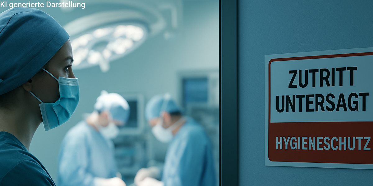 Ärztin vor OP-Bereich mit Zutrittsschild Hygieneschutz. Symbol für Infektionsklausel in der Berufsunfähigkeitsversicherung.