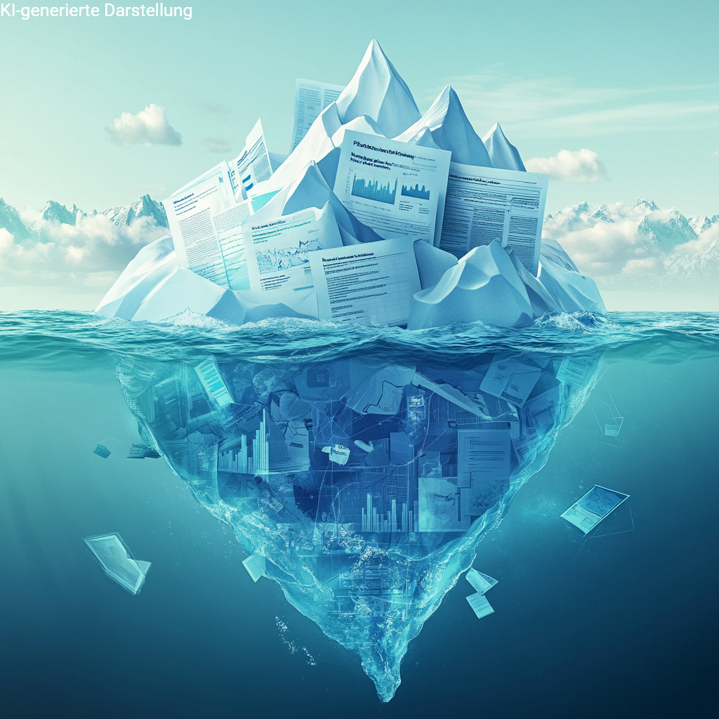 Die Grafik zeigt einen Eisberg: Sichtbar sind ein paar oberflächliche Finanzkennzahlen und Diagramme, doch unter der Wasseroberfläche offenbart sich die eigentliche Komplexität – ein undurchdringlicher Berg aus Verträgen, Tabellen, Analysen und Zahlenmaterial. Das Bild verdeutlicht auf eindrucksvolle Weise, dass finanzielle Entscheidungen nicht auf Basis einzelner Kennzahlen getroffen werden sollten. Es braucht Struktur, Einordnung – und professionelle Begleitung.