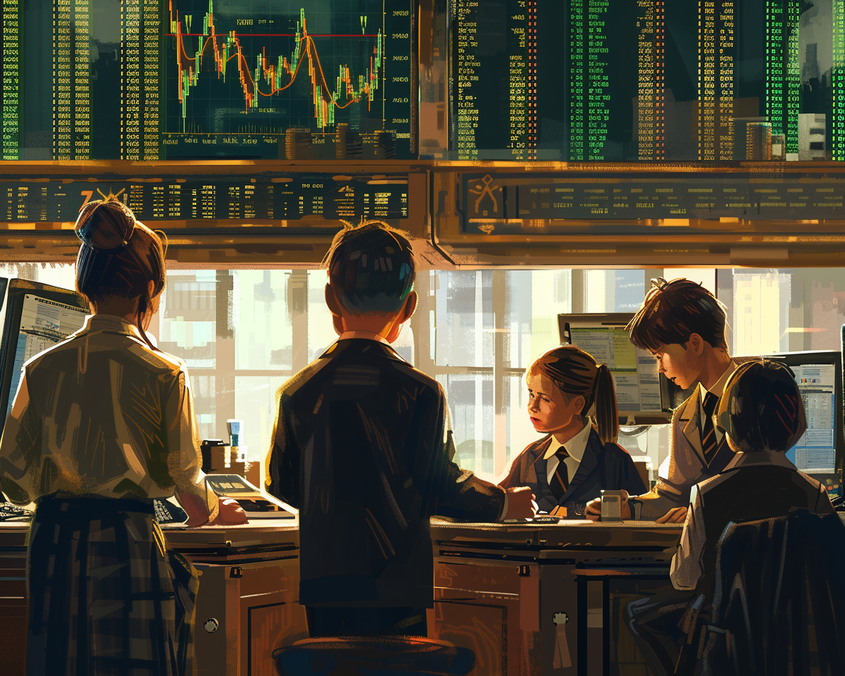 Das Bild zeigt Kinder im Stil von Investmentbankern an einem Trading-Schalter. Eine kreative Darstellung für  finanzielle Früherziehung und generationenübergreifenden Vermögensaufbau durch das Kinderdepot.