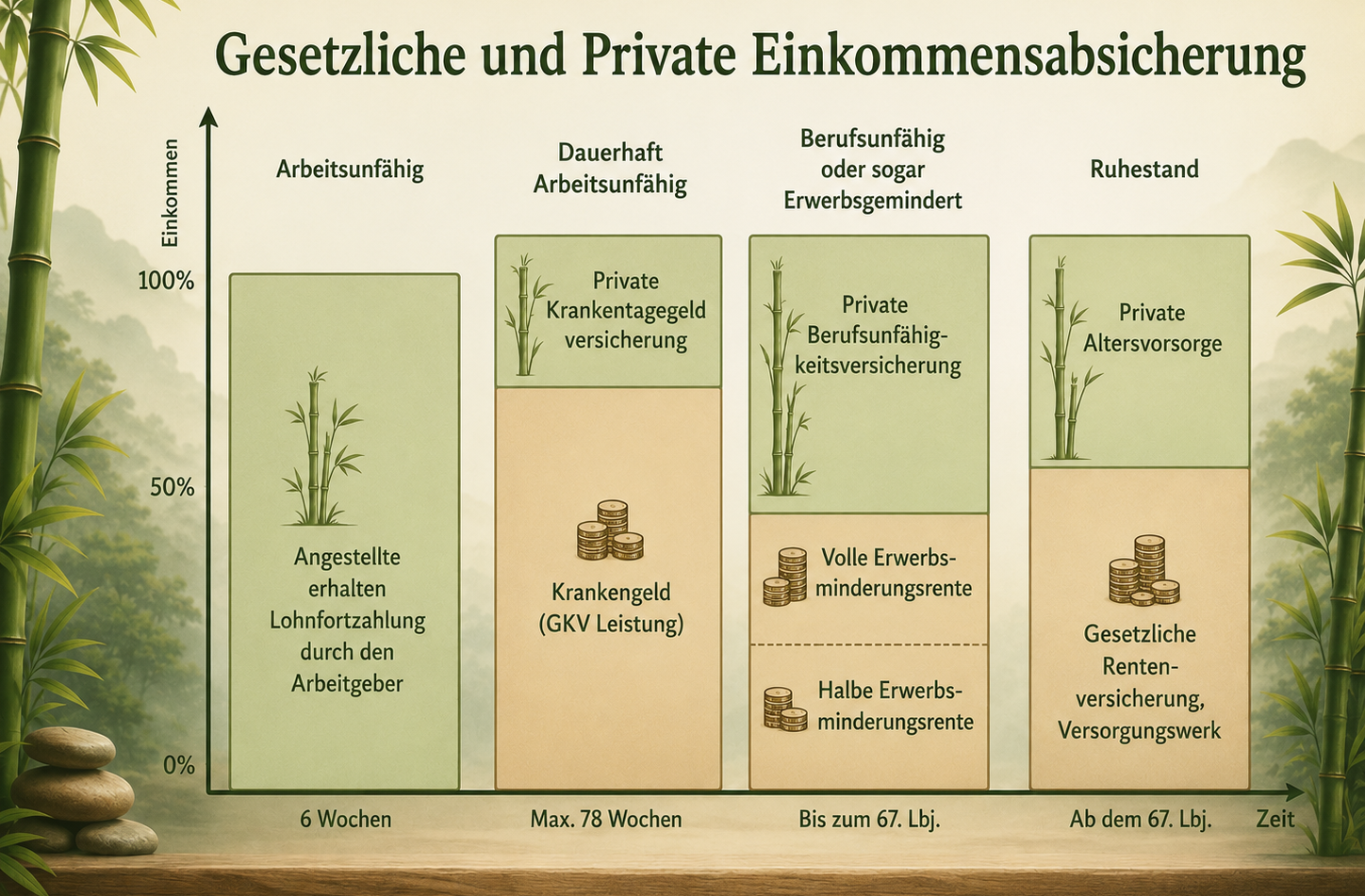 Krankentagegeld: Grafik zur gesetzlichen und privaten Einkommensabsicherung