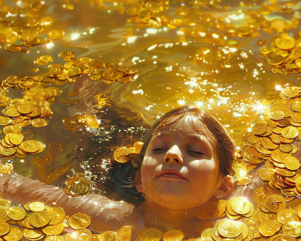 Kind badet in glänzenden Goldmünzen als Symbol für Kinderdepot, Vermögensaufbau und Nichtveranlagungsbescheinigung.