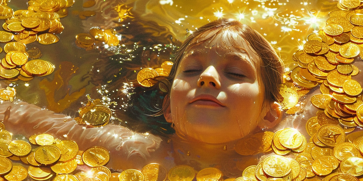 Kind badet in glänzenden Goldmünzen als Symbol für Kinderdepot, Vermögensaufbau und Nichtveranlagungsbescheinigung.