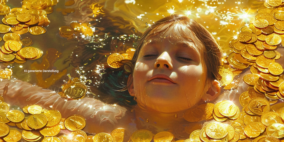 Kind badet in glänzenden Goldmünzen als Symbol für Kinderdepot, Vermögensaufbau und Nichtveranlagungsbescheinigung.