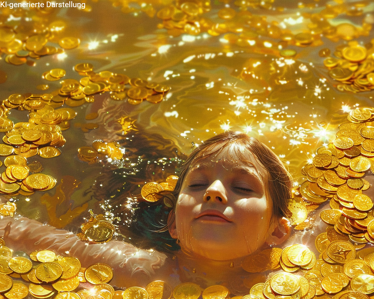 Kind badet in glänzenden Goldmünzen als Symbol für Kinderdepot, Vermögensaufbau und Nichtveranlagungsbescheinigung.
