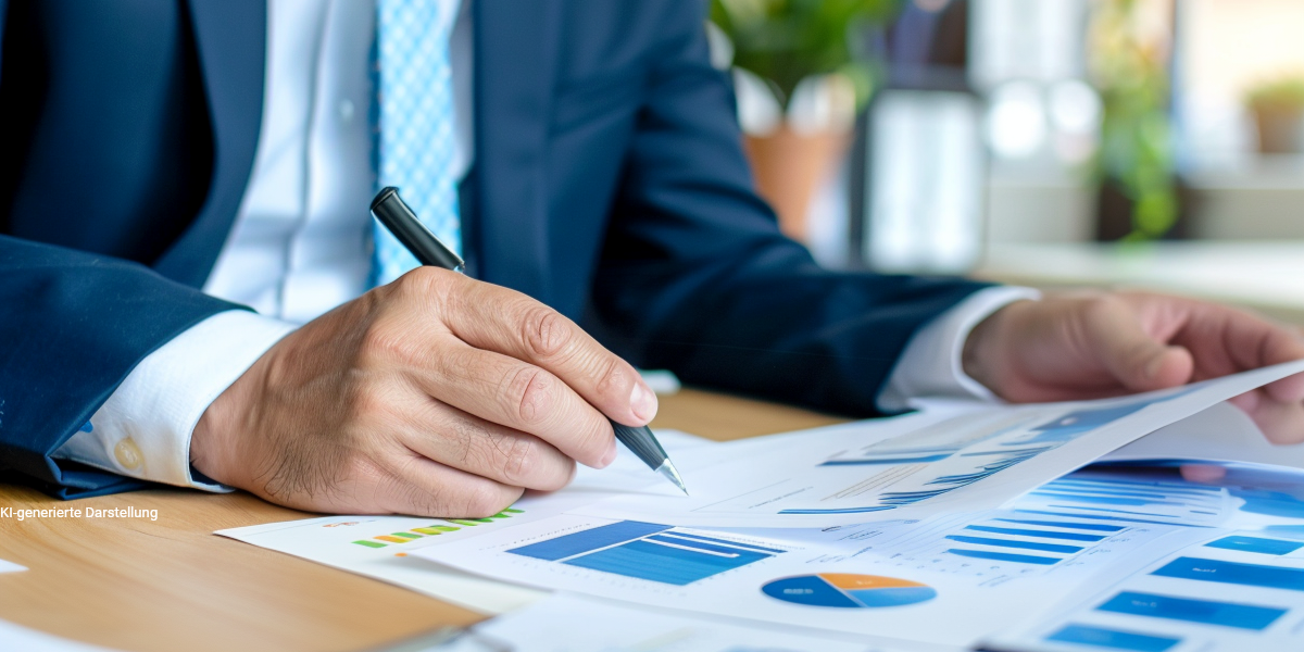 Das Bild symbolisiert fundierte Analyse und Kostentransparenz in der Altersvorsorge. Ein Finanzberater prüft konzentriert Tabellen und Grafiken – ein typisches Szenario aus der Praxis, wenn es um Nettopolicen, Effektivkostenquoten oder den Vergleich von Brutto- und Nettotarifen geht. Die Szene unterstreicht den Anspruch, Finanzberatung strukturiert, verständlich und faktenbasiert zu gestalten – für Kunden, die echte Klarheit statt Produktversprechen suchen.
