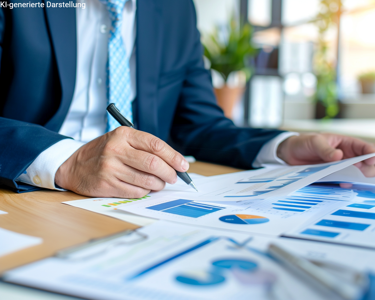 Das Bild symbolisiert fundierte Analyse und Kostentransparenz in der Altersvorsorge. Ein Finanzberater prüft konzentriert Tabellen und Grafiken – ein typisches Szenario aus der Praxis, wenn es um Nettopolicen, Effektivkostenquoten oder den Vergleich von Brutto- und Nettotarifen geht. Die Szene unterstreicht den Anspruch, Finanzberatung strukturiert, verständlich und faktenbasiert zu gestalten – für Kunden, die echte Klarheit statt Produktversprechen suchen.
