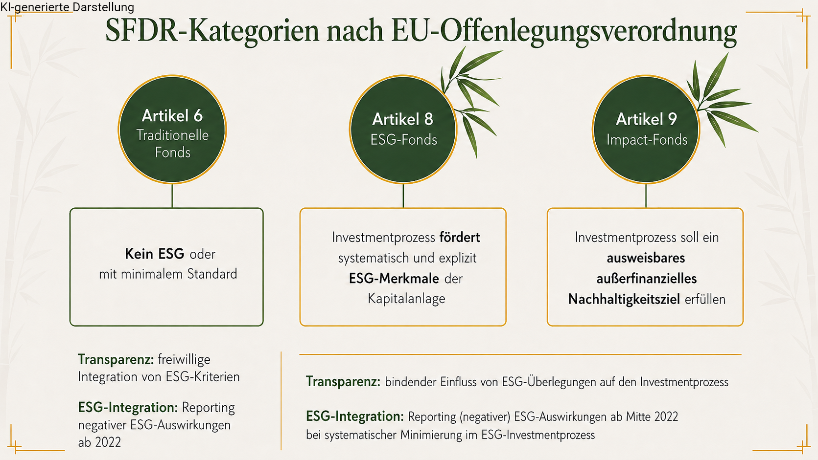 Infografik im Bamboo Stil zum Vergleich von Artikel 6, 8 und 9 Fonds  