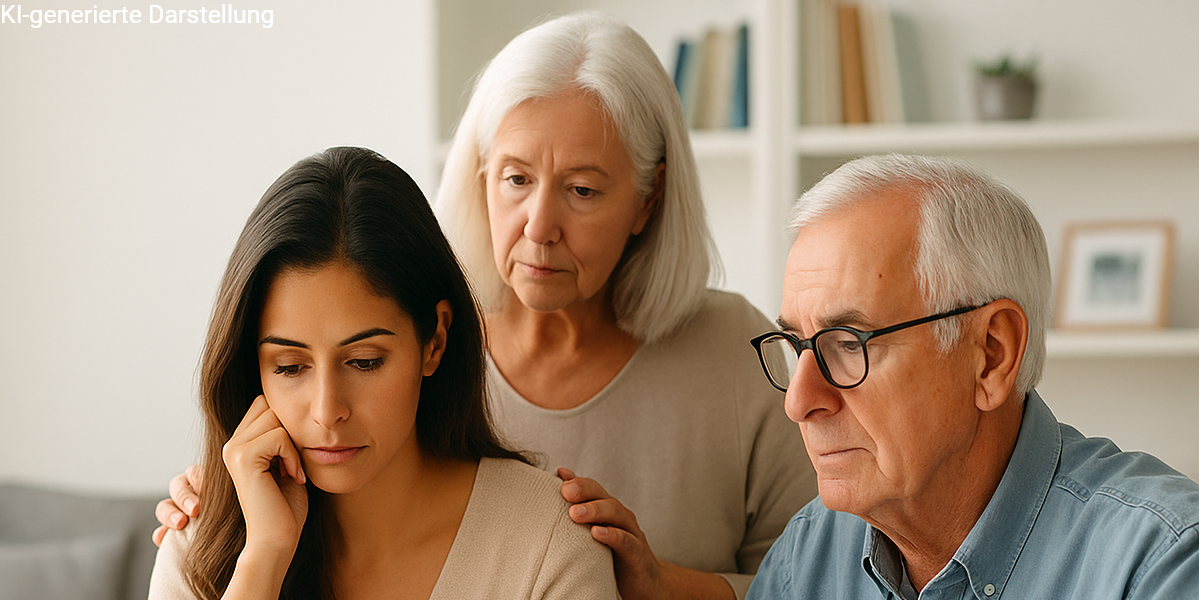 Mutter mit Eltern und Kind als Symbol dafür, dass Pflegebedürftigkeit die ganze Familie betrifft