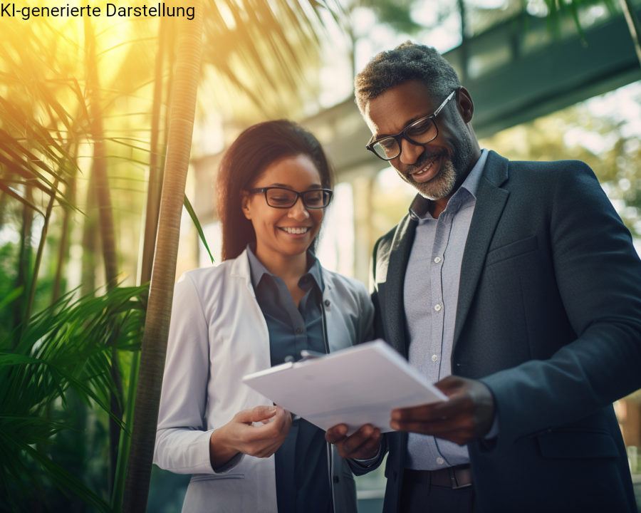 ärztin und finanzberater im gespräch über eine anonyme risikovoranfrage – beide prüfen vertraulich unterlagen in heller beratungssituation mit natürlichem licht, symbol für strukturierte vorabklärung bei absicherung wie berufsunfähigkeitsversicherung oder Krankenversicherung