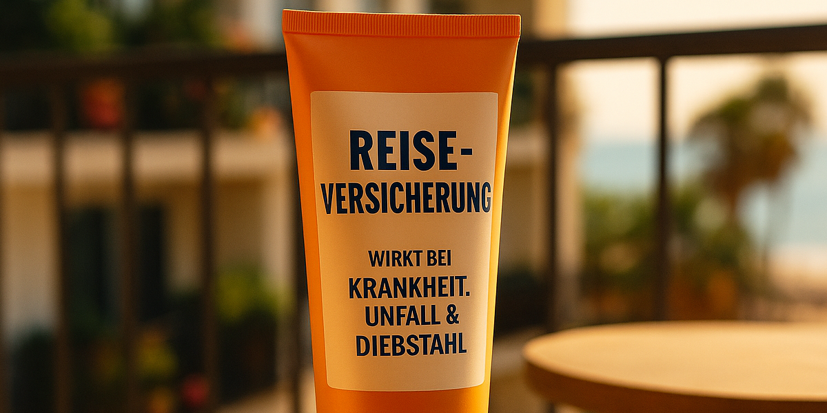 Sonnencreme-Tube mit der Aufschrift ‚Reiseversicherung – wirkt bei Krankheit, Unfall & Diebstahl‘, stehend auf einem Reisekoffer auf dem Balkon mit Blick aufs Meer – augenzwinkernde Metapher für Urlaubsvorsorge durch Reiseversicherungen.