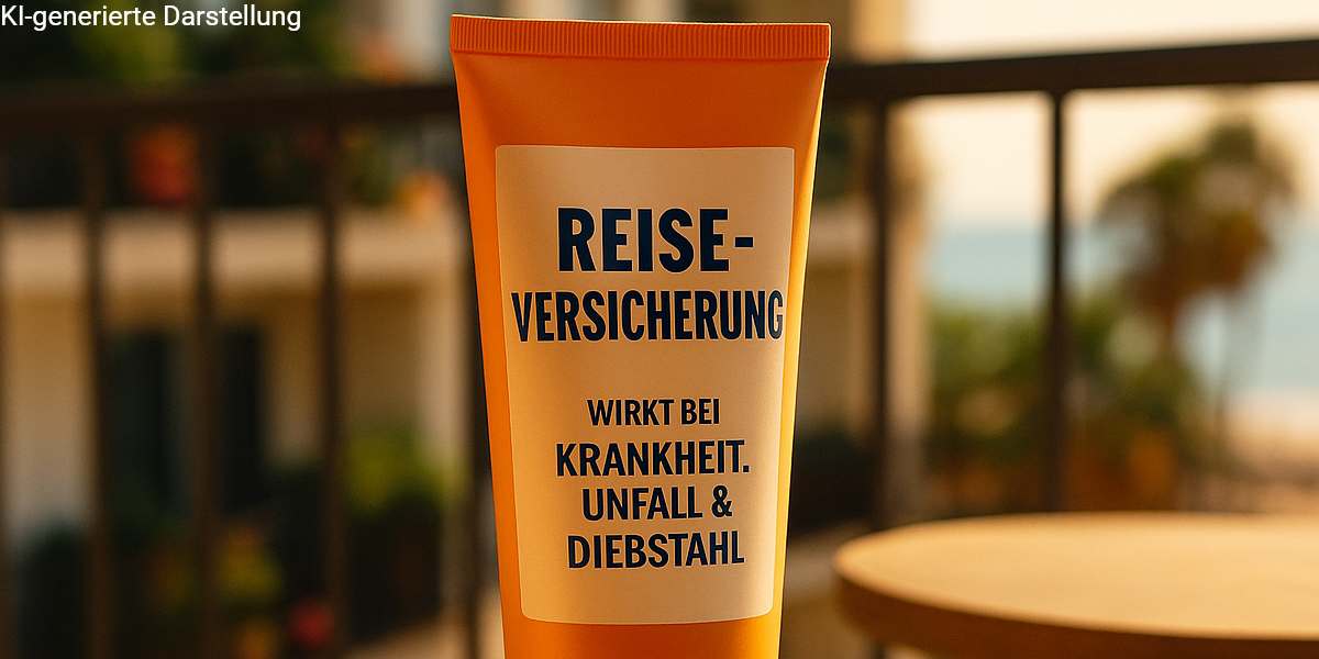 Sonnencreme-Tube mit der Aufschrift ‚Reiseversicherung – wirkt bei Krankheit, Unfall & Diebstahl‘, Metapher für Urlaubsvorsorge durch Reiseversicherungen.