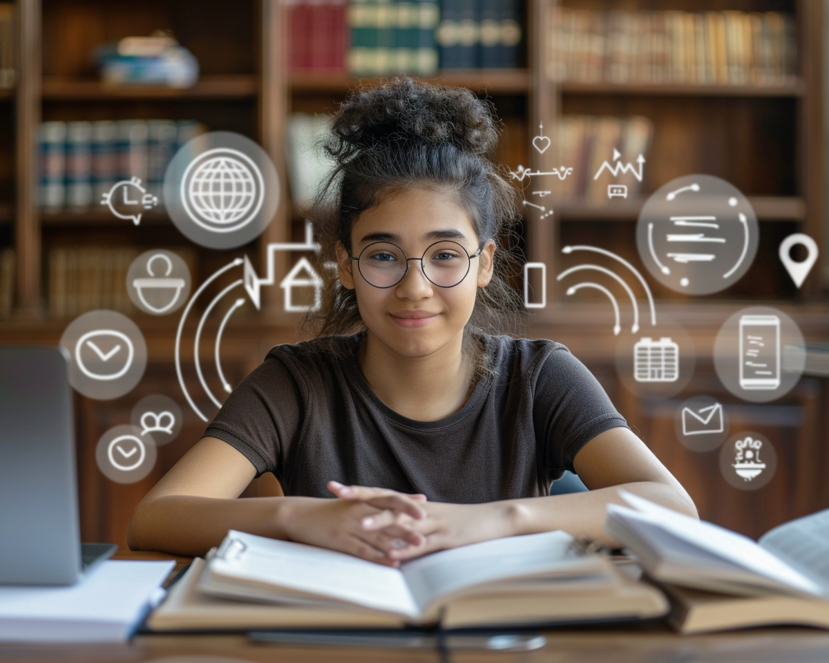 Studentin mit Laptop und Büchern in der Bibliothek, umgeben von digitalen Symbolen – ein modernes Bild für den Semesterbeginn, das auf zentrale Versicherungen für Studierende hinweist: Krankenversicherung, Privathaftpflicht, Hausrat und Berufsunfähigkeitsversicherung.