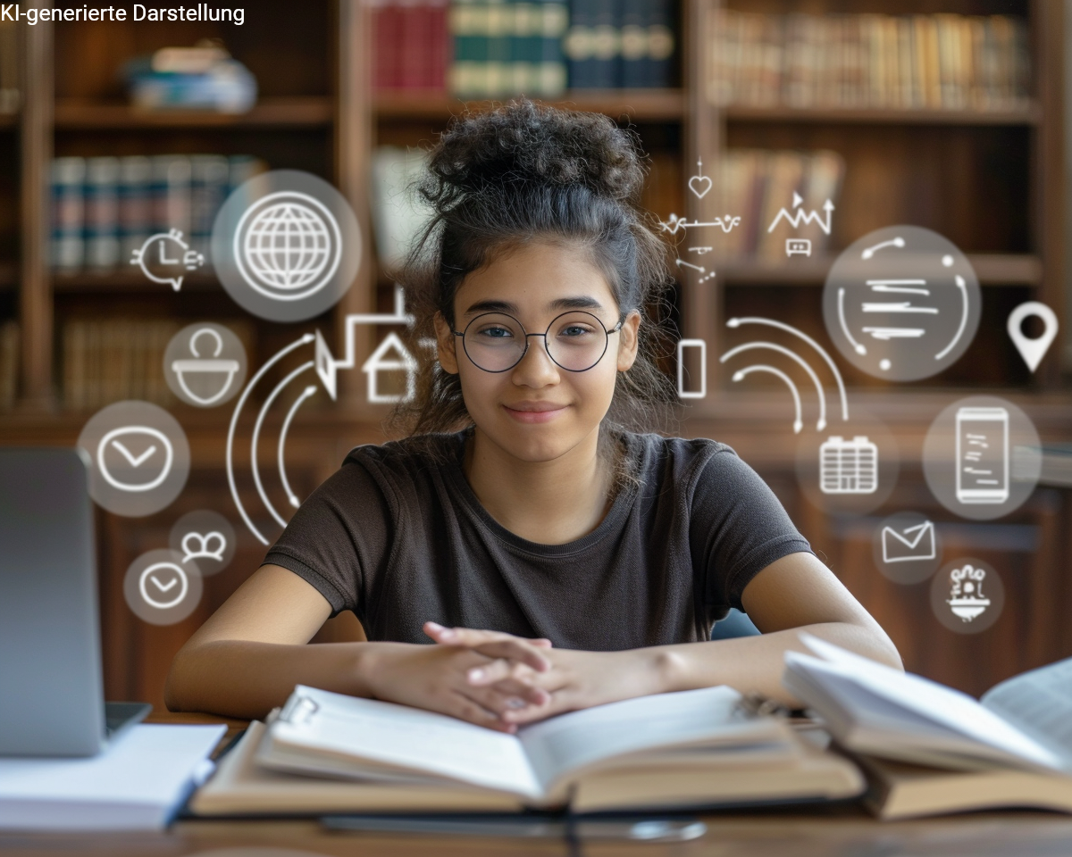 Studentin mit Laptop und Büchern in der Bibliothek, umgeben von digitalen Symbolen – ein modernes Bild für den Semesterbeginn, das auf zentrale Versicherungen für Studierende hinweist: Krankenversicherung, Privathaftpflicht, Hausrat und Berufsunfähigkeitsversicherung.