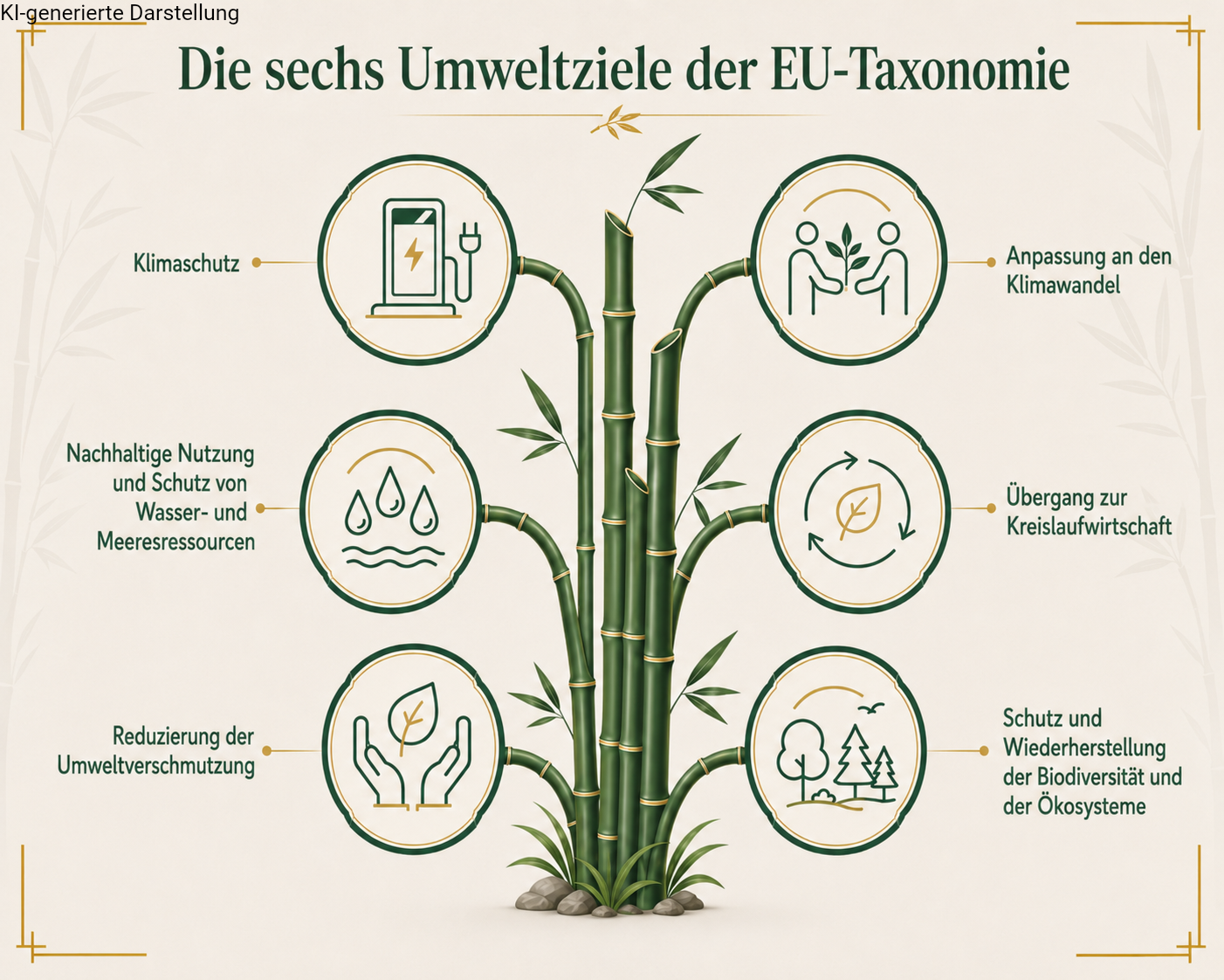 Sechs Umweltziele der EU-Taxonomie als Bambusgrafik