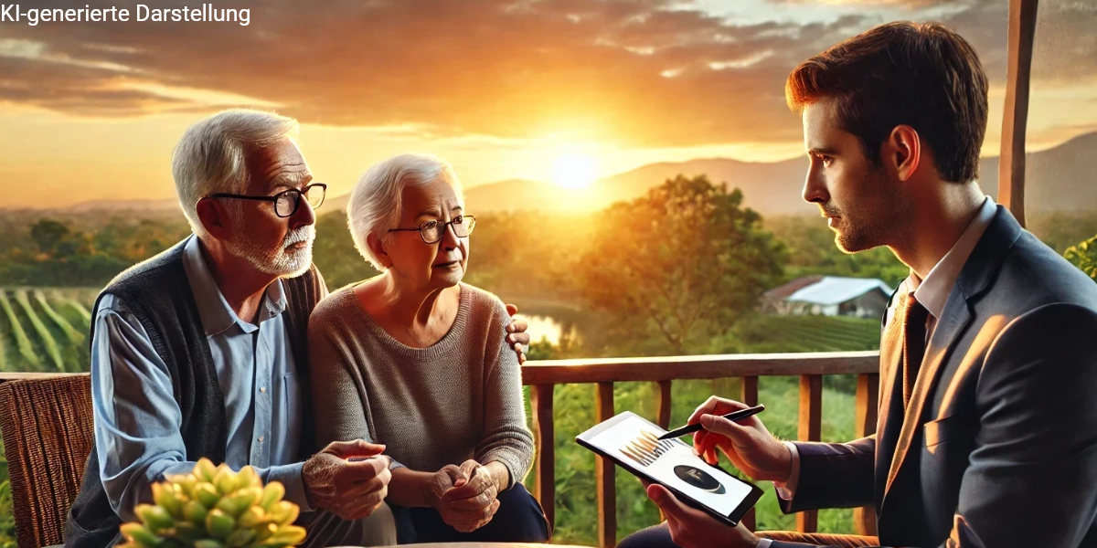 ein berater erklärt einem seniorenpaar bei sonnenuntergang die vor- und nachteile von basisrente und beitragsentlastungstarif zur finanzierung der privaten krankenversicherung im alter – symbol für strategische entscheidung in der ruhestandsplanung