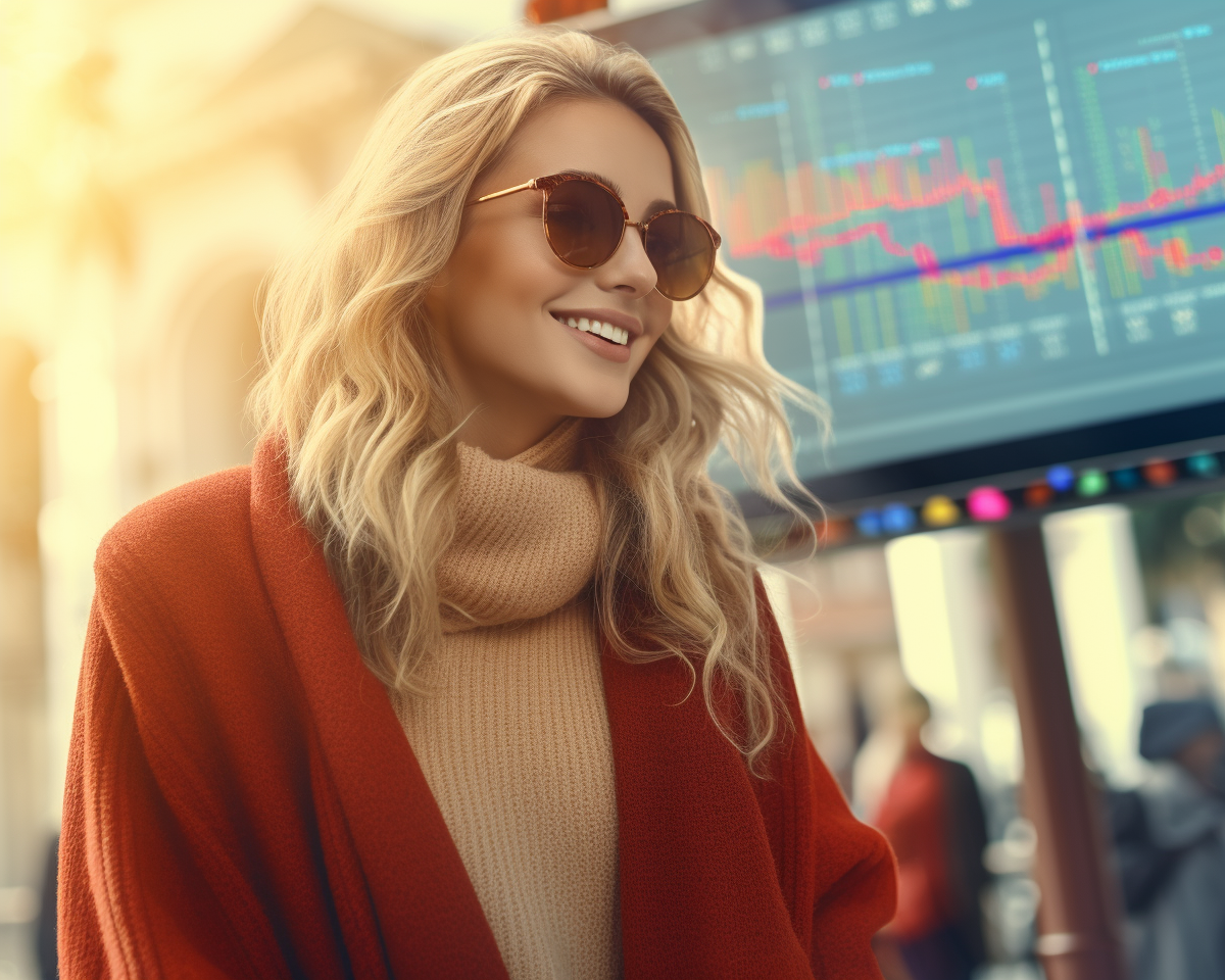 Lächelnde Frau mit Sonnenbrille vor einem Finanz-Chart – ideal für Beiträge rund um vermögenswirksame Leistungen (VL), ETF-Sparpläne, Sparförderung vom Arbeitgeber und staatliche Zuschüsse beim Vermögensaufbau.