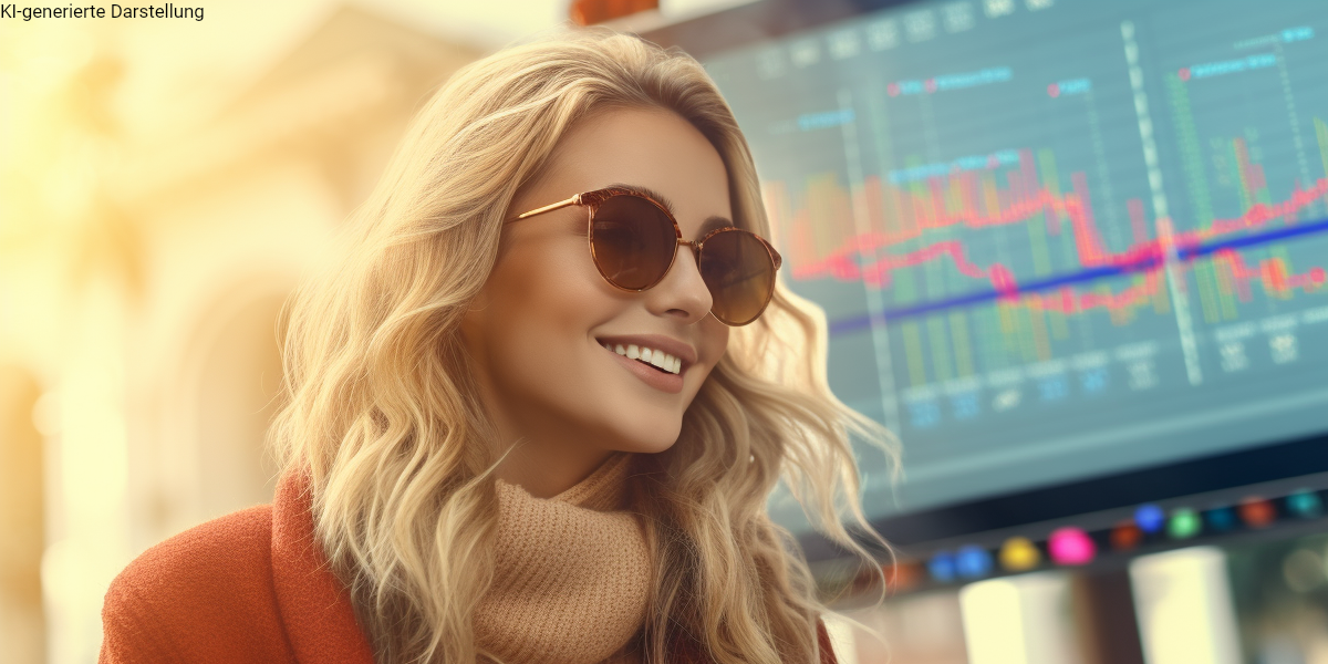 Frau mit Sonnenbrille vor Monitor mit Börsencharts für den Erfolg von Vermögenswirk. Leistungen