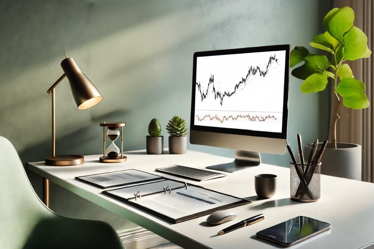 Dieses Bild zeigt einen stilvollen Schreibtisch mit Kurvendiagramm am Monitor, Finanzunterlagen und minimalistischer Einrichtung – eine Metapher für ruhige, gut strukturierte Anlageentscheidungen. Es verbindet Ordnung, Wachstum (Pflanzen) und Timing (Sanduhr) in der ETF-Welt.