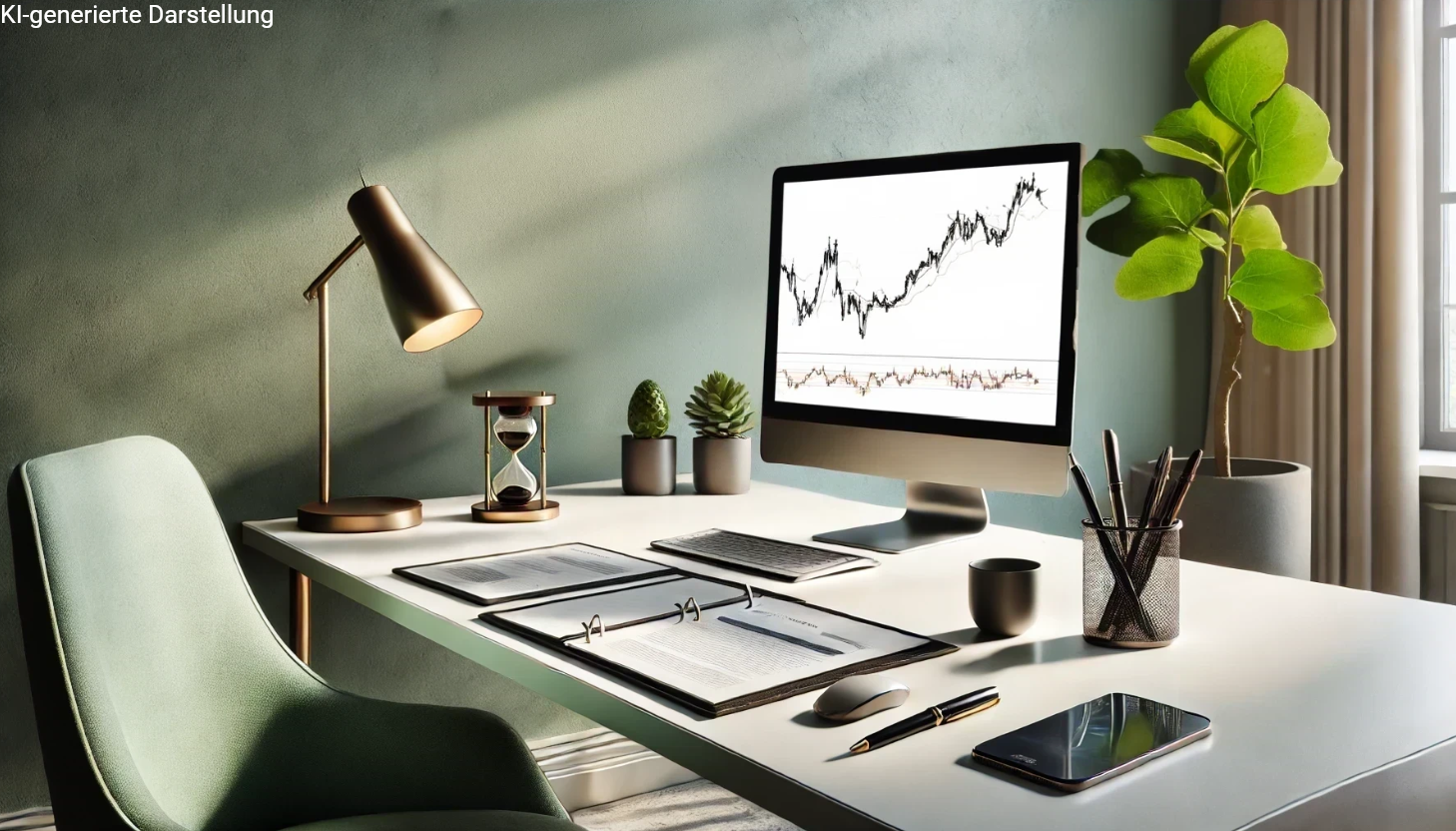 Dieses Bild zeigt einen stilvollen Schreibtisch mit Kurvendiagramm am Monitor, Finanzunterlagen und minimalistischer Einrichtung – eine Metapher für ruhige, gut strukturierte Anlageentscheidungen. Es verbindet Ordnung, Wachstum (Pflanzen) und Timing (Sanduhr) in der ETF-Welt.