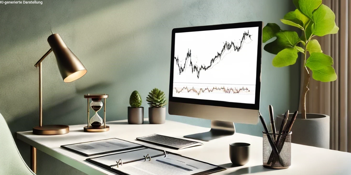 Dieses Bild zeigt einen stilvollen Schreibtisch mit Kurvendiagramm am Monitor, Finanzunterlagen und minimalistischer Einrichtung – eine Metapher für ruhige, gut strukturierte Anlageentscheidungen. Es verbindet Ordnung, Wachstum (Pflanzen) und Timing (Sanduhr) in der ETF-Welt.

