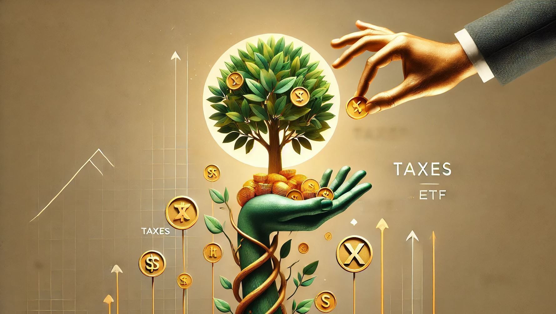 Eine offene Hand, aus welcher ein Finanzbaum wächst. Eine Hand von rechts oben legt eine Münze unter den Baum, wo schon viele Münzen liegen. Die Wörter Taxes (Steuern) und ETF sind zu sehen. Sinnbild für Vermögensaufbau mit ETF-Sparplänen und wie ihre Rendite durch Steuern gemindert wird. 