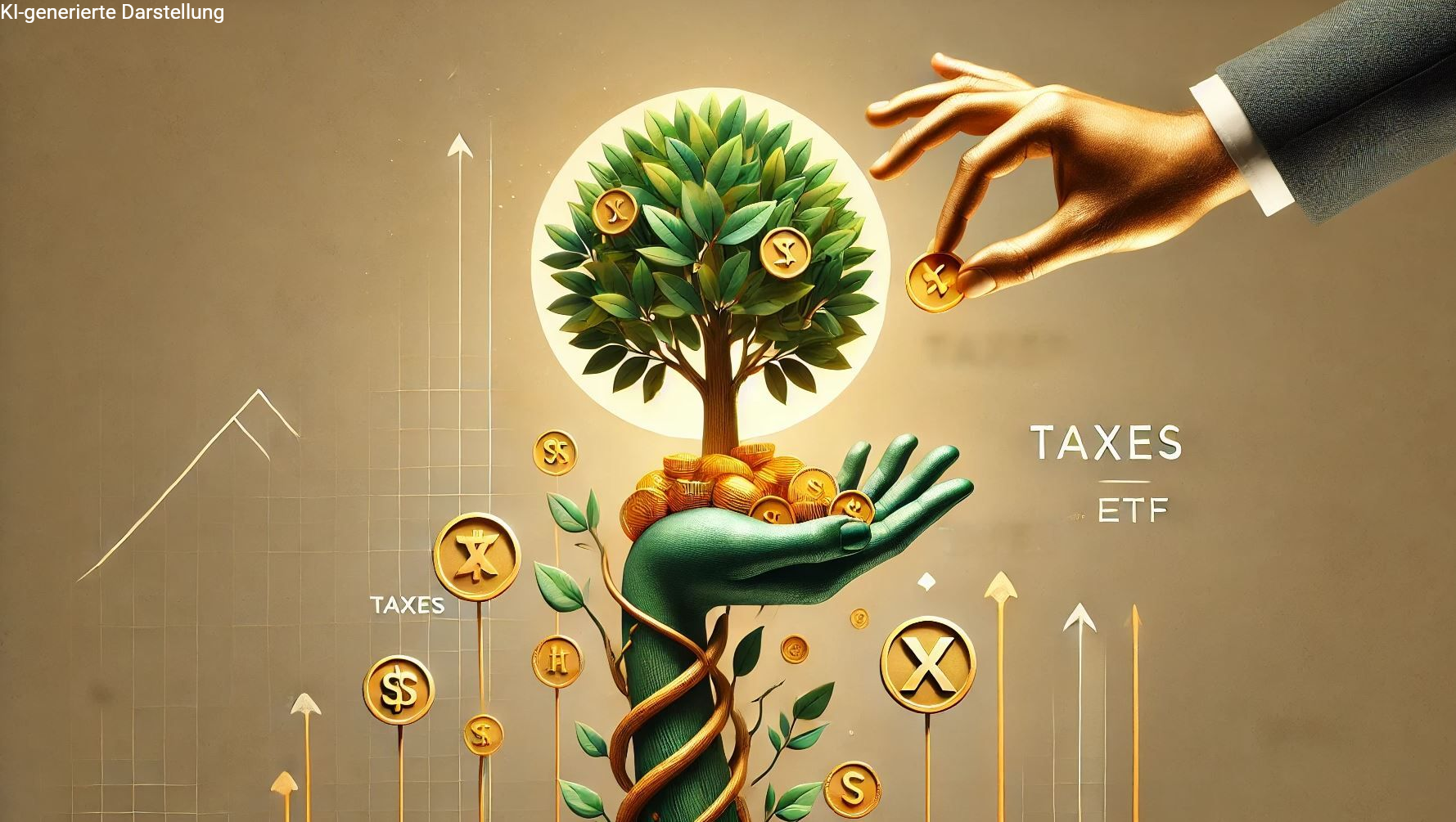 Symbolische Szene zur ETF-Besteuerung: Aus einer offenen Hand wächst ein Baum mit Münzen. Eine zweite Hand entnimmt eine Münze – grafisches Sinnbild für Vorabpauschale, Kapitalertragsteuer und Vermögenswachstum.