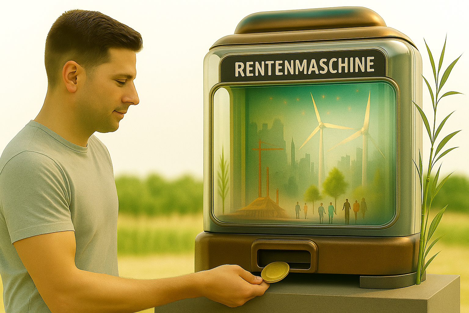 Mann steckt goldene Münze in eine symbolische Rentenmaschine mit Windrädern, Stadt und Menschen im Inneren – Metapher für nachhaltige Kapitalanlagen durch Versicherer.