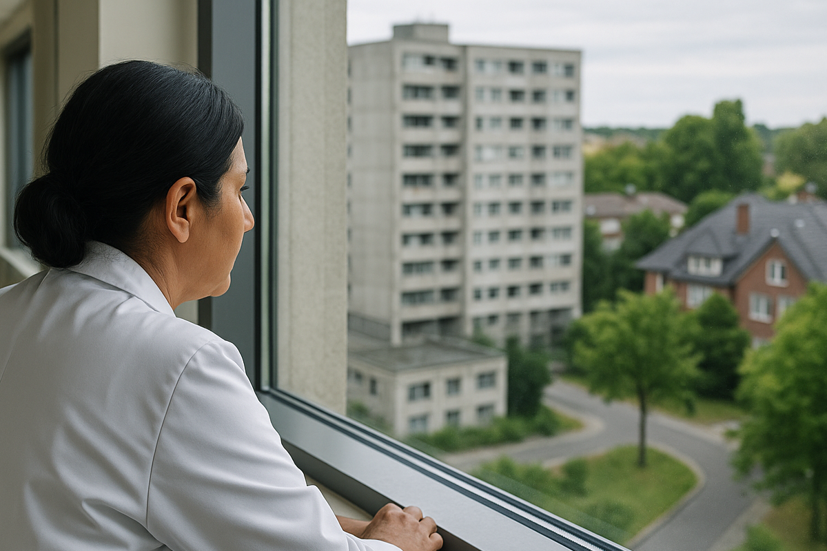 Eine Ärztin schaut nachdenklich aus dem Fenster eines Krankenhauses und blickt auf eine Straße mit einem Plattenbau und einer luxuriösen Villa. Sinnbildlich dafür die Kassenbeiträge für freiwillig gesetzlich versicherte Ärzte die Altersrente senken. 