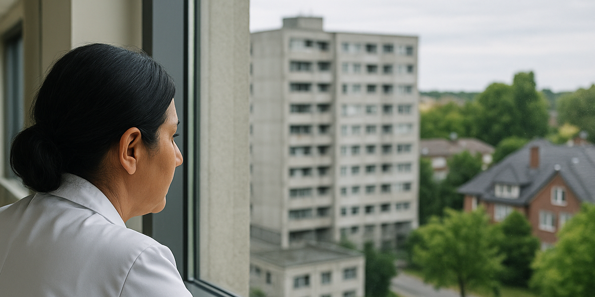 Eine ältere Ärztin steht im Klinikflur und blickt nachdenklich aus dem Fenster – das Bild visualisiert die wachsende Belastung durch GKV-Beiträge im Ruhestand und den Vergleich mit der PKV als Alternative