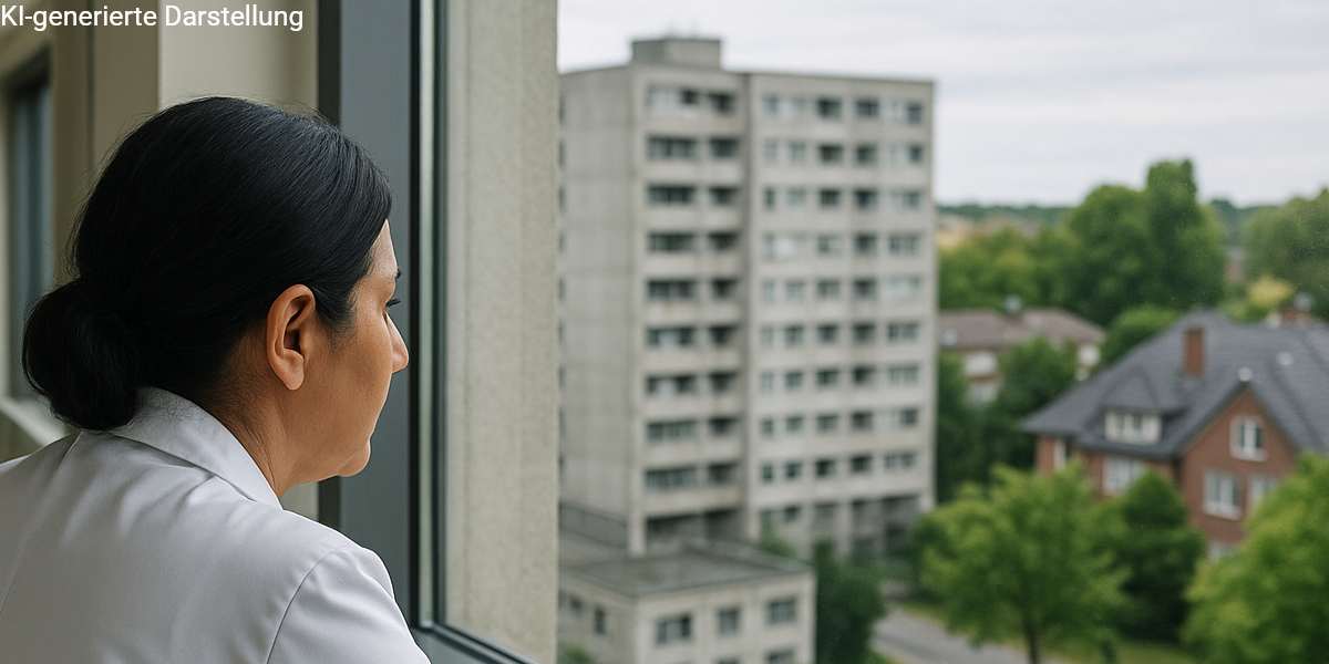 Eine ältere Ärztin steht im Klinikflur und blickt nachdenklich aus dem Fenster – das Bild visualisiert die wachsende Belastung durch GKV-Beiträge im Ruhestand und den Vergleich mit der PKV als Alternative