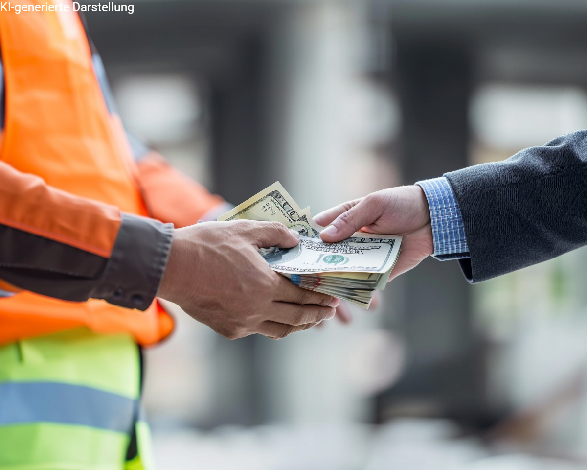 titelbild zum blogartikel „20 fragen zur berufsunfähigkeitsversicherung“ – sinnbildliche darstellung einer ausgezahlten bu-rente: eine hand im anzug übergibt bargeld an eine person in arbeitskleidung, stellvertretend für finanzielle absicherung im leistungsfall