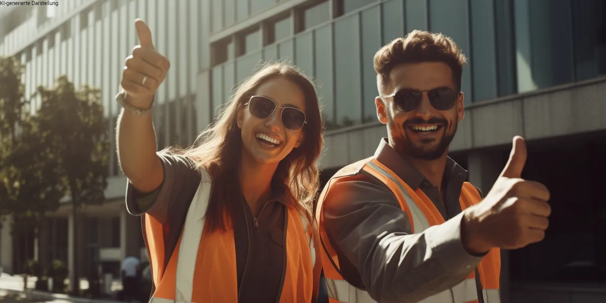 Zwei junge Mitarbeitende mit Sonnenbrillen und orangefarbenen Warnwesten stehen im Sonnenlicht.