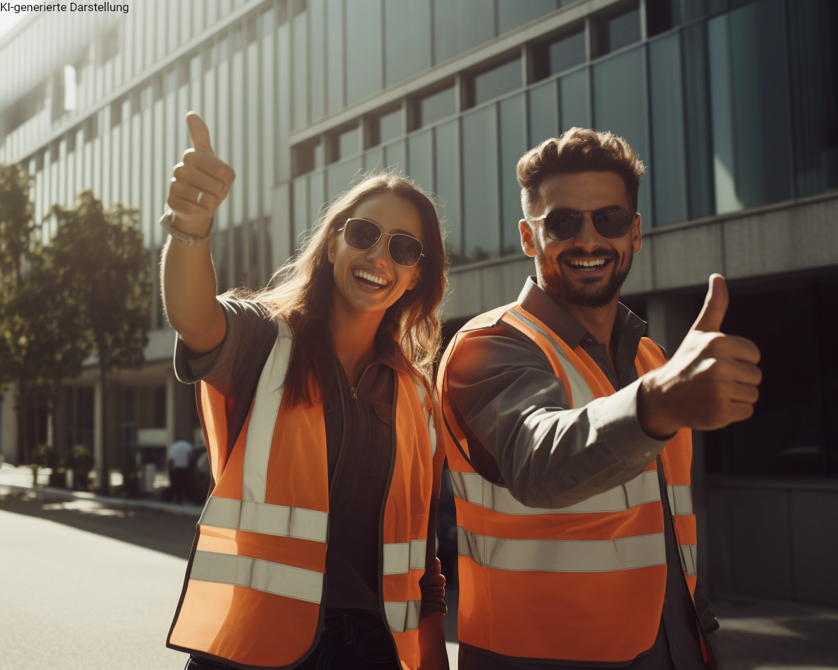 Zwei junge Mitarbeitende mit Sonnenbrillen und orangefarbenen Warnwesten stehen im Sonnenlicht vor einem Bürogebäude. Sie lächeln, zeigen beide den Daumen hoch und verkörpern den positiven Effekt betrieblicher Krankenversicherung auf Mitarbeiterzufriedenheit und Gesundheitsvorsorge im Unternehmen.