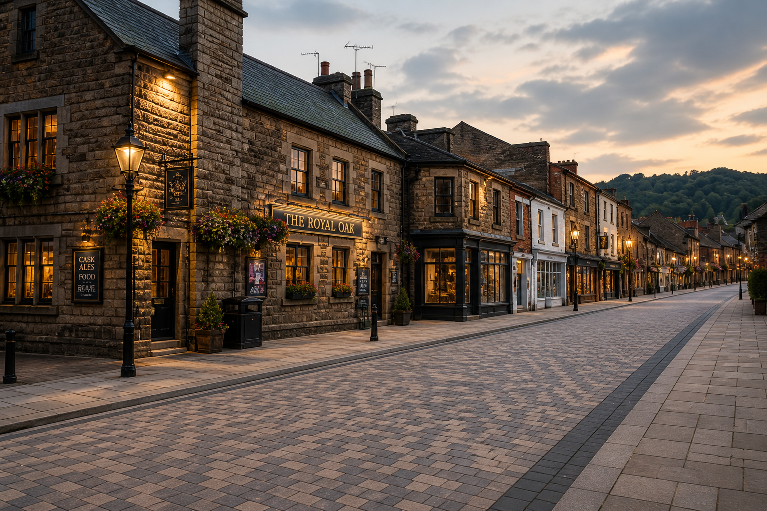 The Royal Oak pub Bury at dusk with cobblestone street.