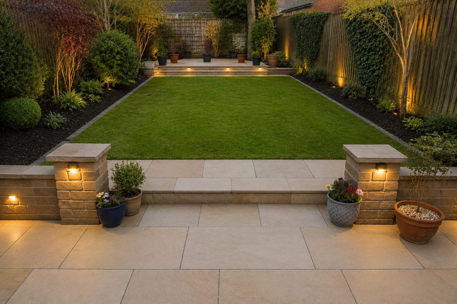 Large stone driveway leading to a warmly lit house at dusk, framed by manicured shrubs and trees