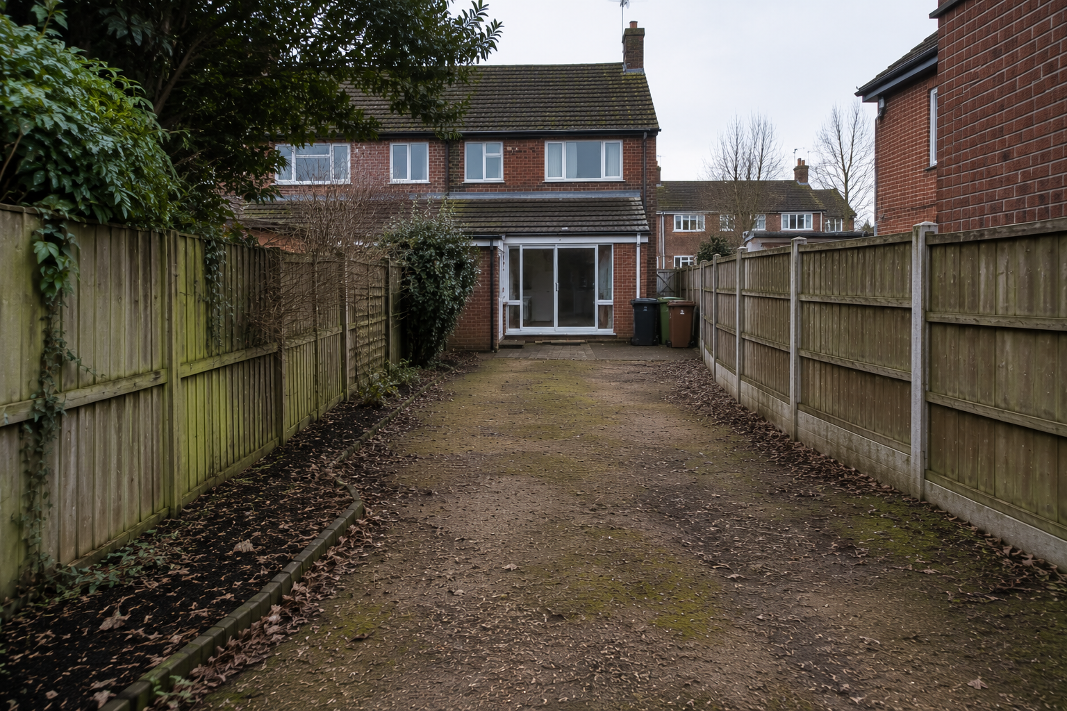 Curved driveway lined with manicured shrubs leading to a large house with a steep roof.
