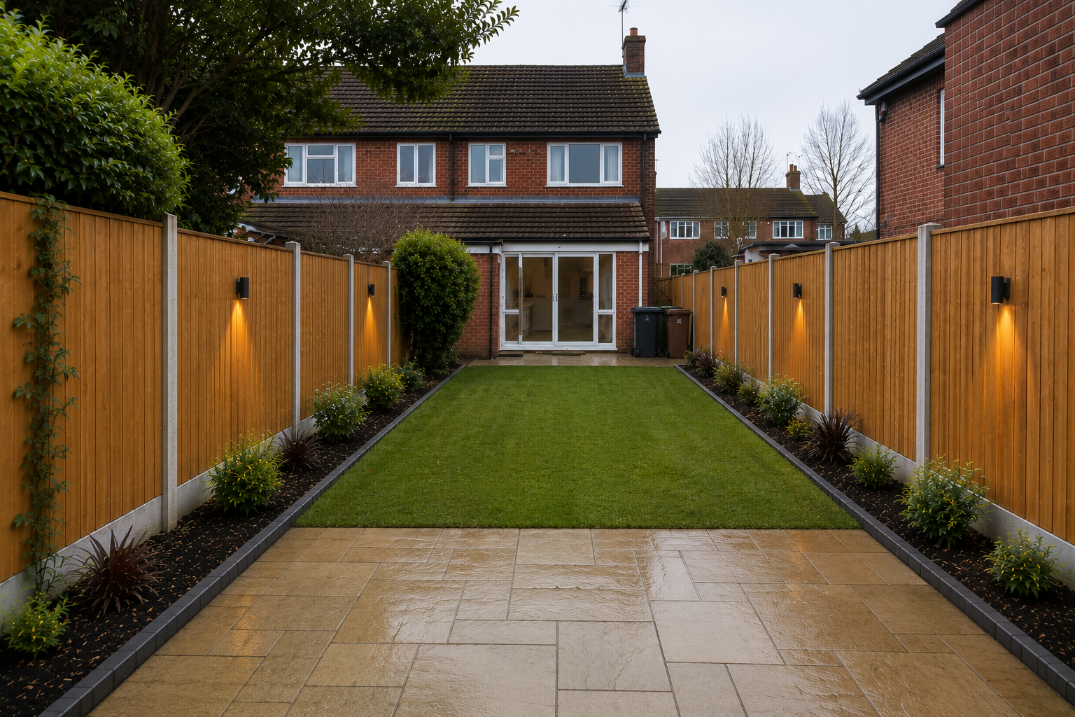 Large stone driveway leading to a warmly lit house at dusk, framed by manicured shrubs and trees