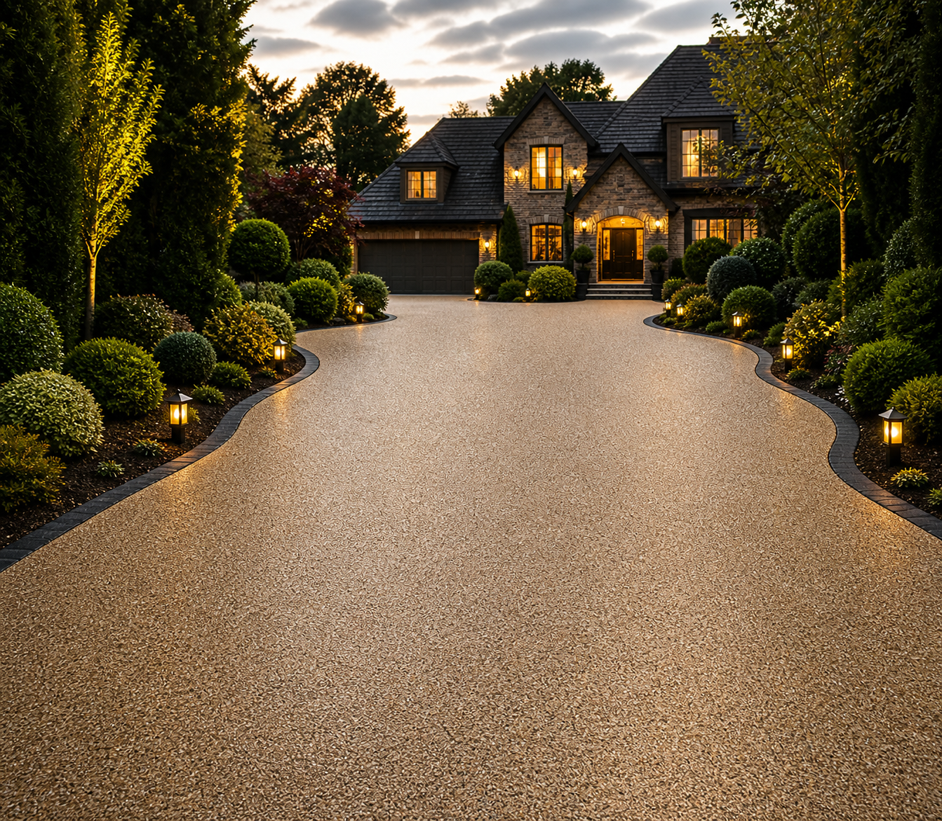 Large stone driveway leading to a warmly lit house at dusk, framed by manicured shrubs and trees