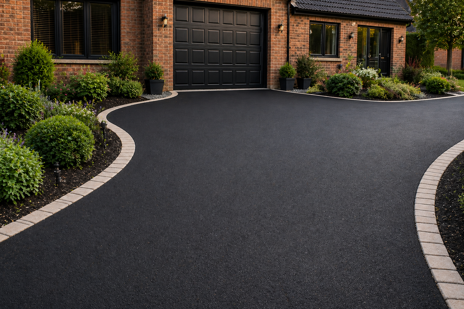 Curved black driveway leading to a brick house with a garage and landscaped shrubs