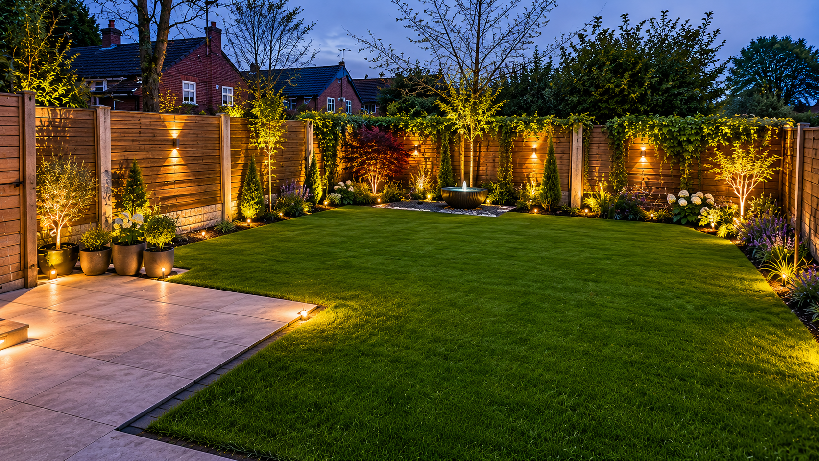 Large stone driveway leading to a warmly lit house at dusk, framed by manicured shrubs and trees