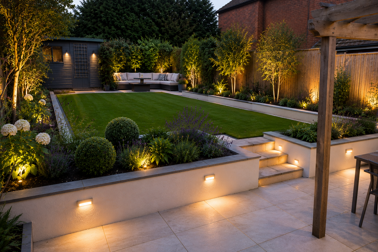 Large stone driveway leading to a warmly lit house at dusk, framed by manicured shrubs and trees