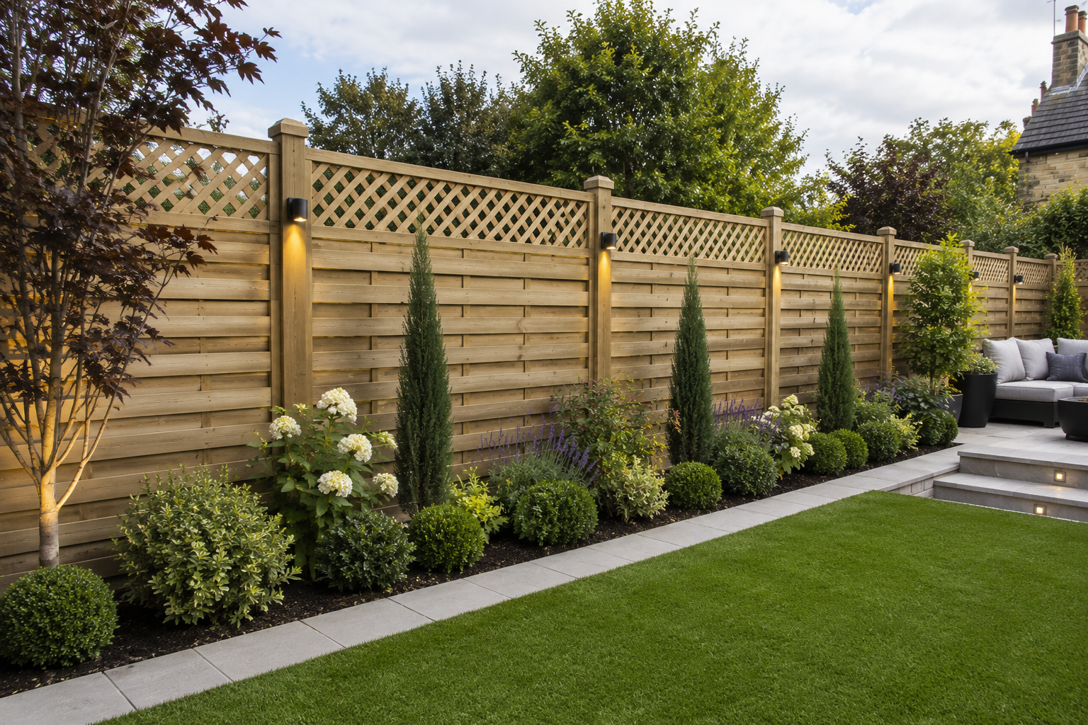 Wooden double gate with vertical slats, framed by illuminated shrubs and cobblestone driveway.