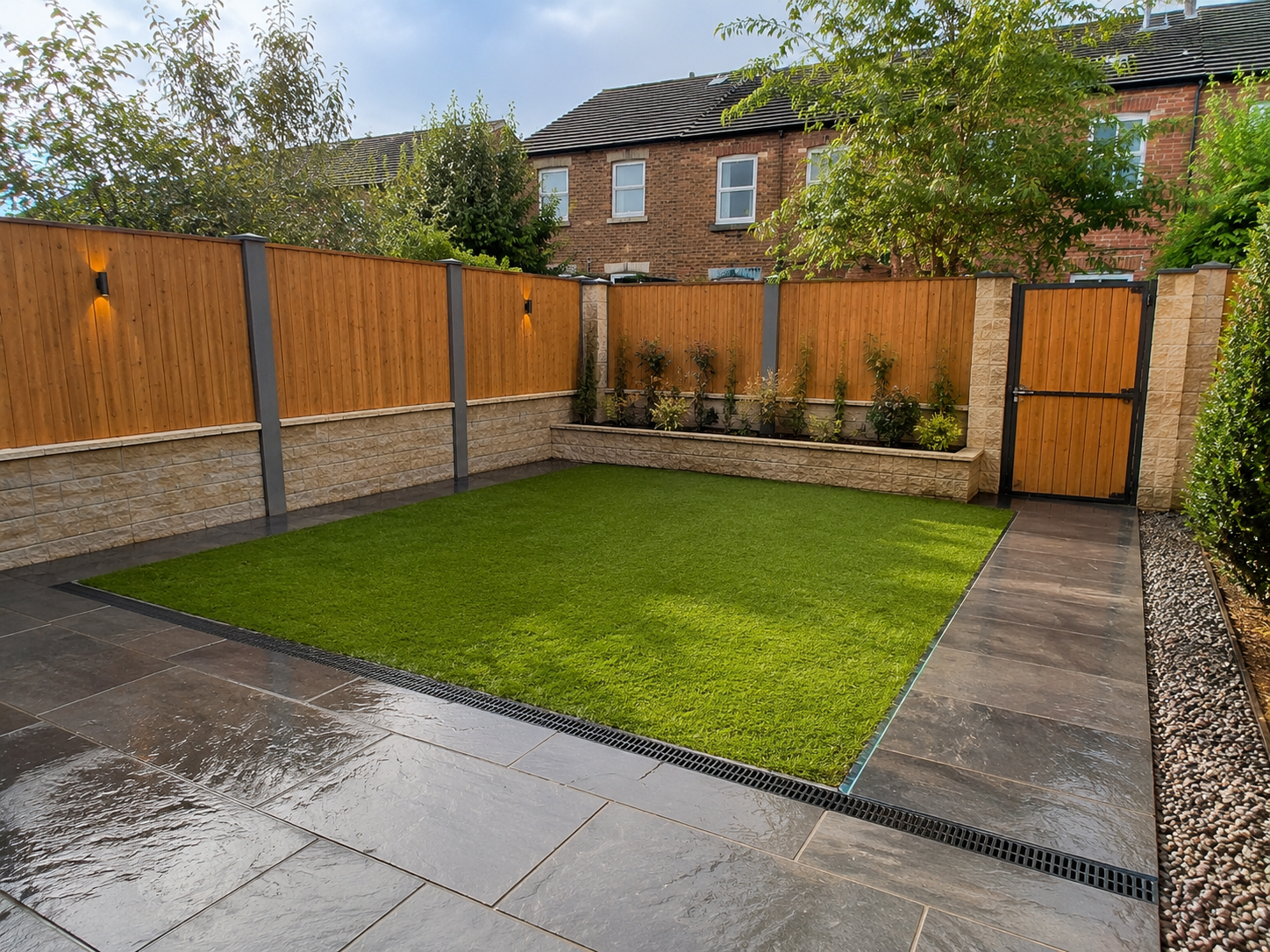 Modern backyard with bright green lawn, flower beds, patio chairs, and a paved edge under sunny skies