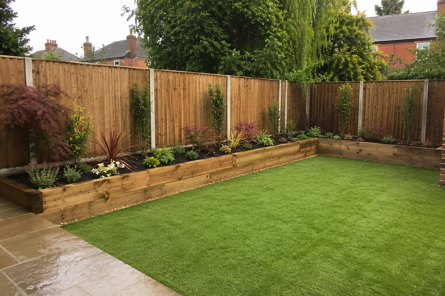 Illuminated raised garden bed with flowers in a fenced backyard at dusk