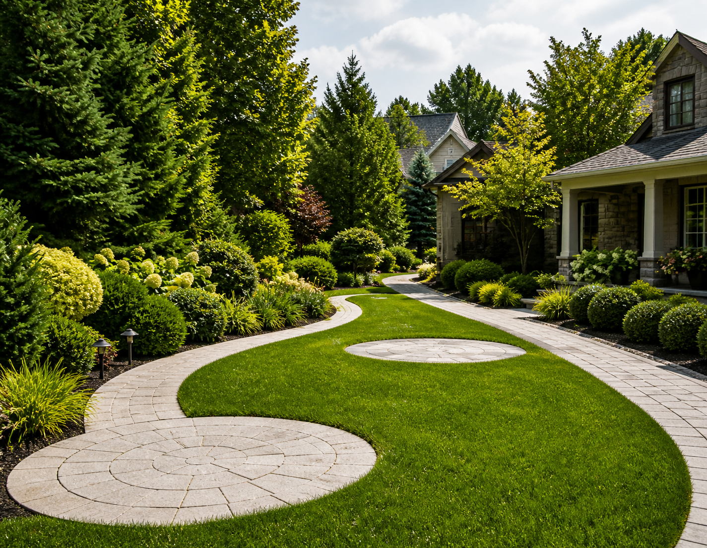Curved stone path winds through a lush garden with manicured hedges.