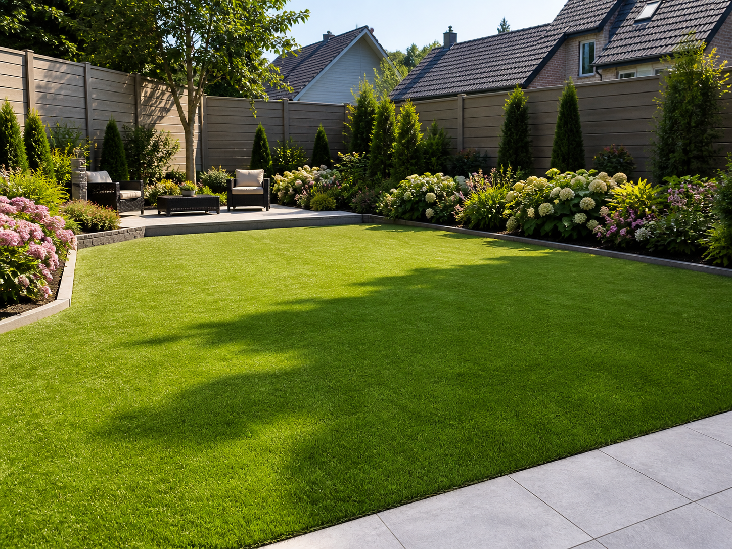 Landscaped backyard with green lawn, flower beds, patio chairs, and stone paving under a sunny sky Landscaped backyard with green lawn, flower beds, patio chairs, and stone paving under a sunny sky
