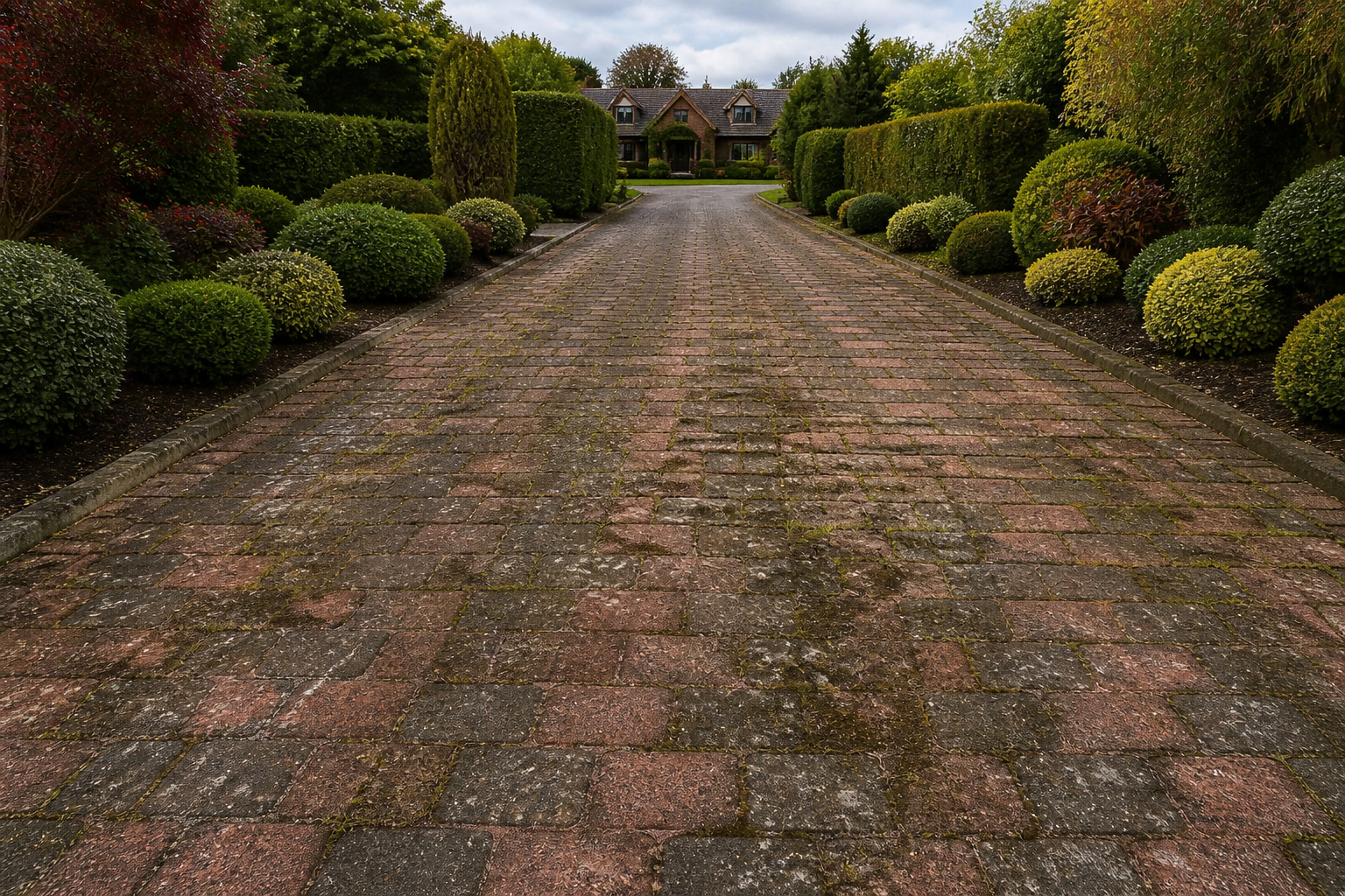 Weathered block paving driveway with moss before restoration