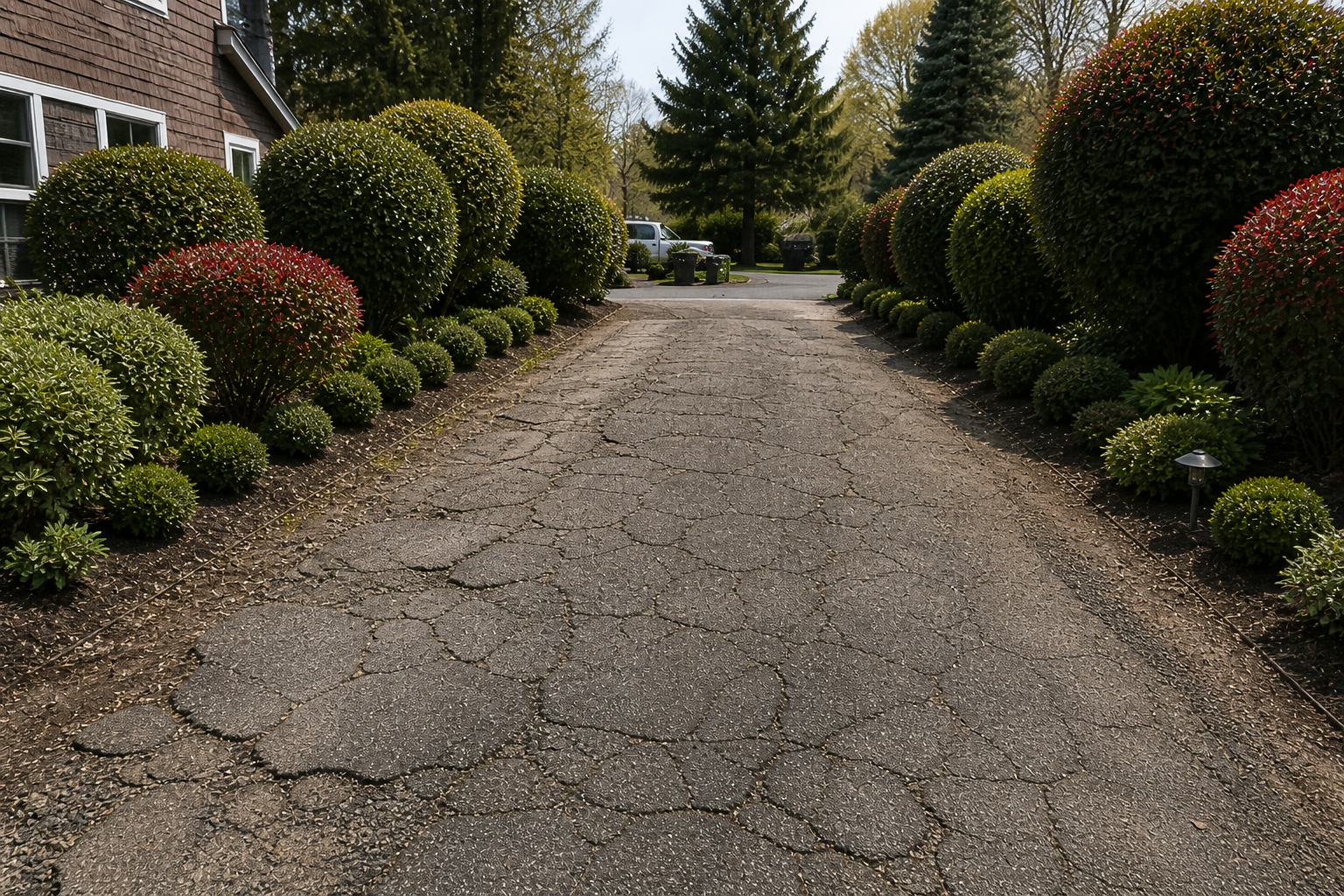 Weathered gravel driveway uneven before restoration