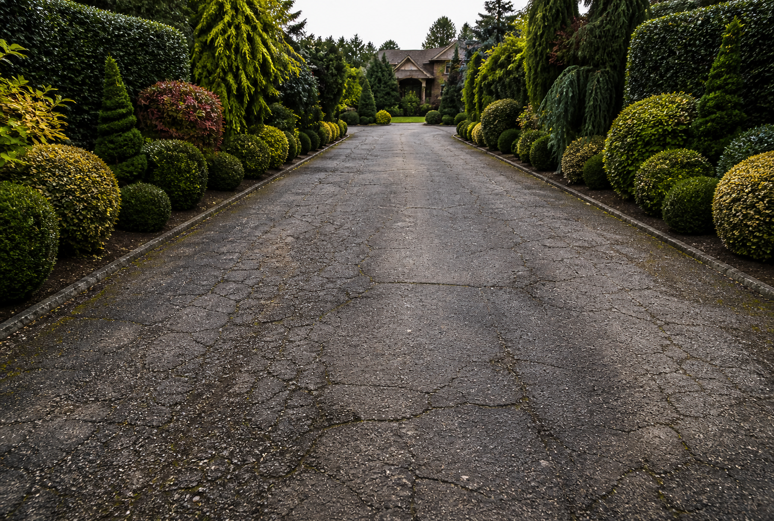 Aged resin driveway with cracks before resurfacing